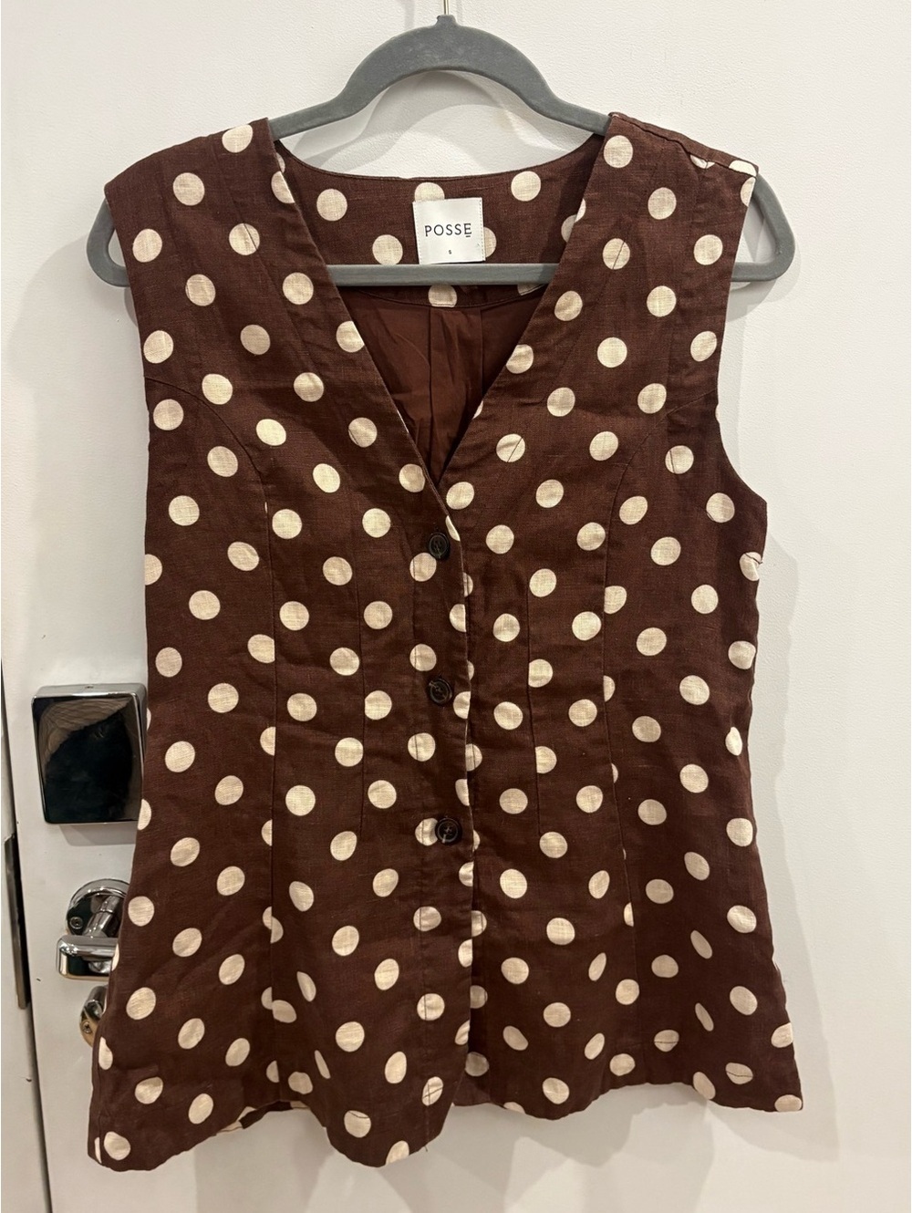 POSSE Women’s Preppy Lori Brown Polka Dot Sleeveless Button Vest size S